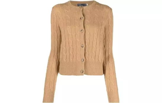 Кашемировый кардиган с косичной вязкой Polo Ralph Lauren, Camel Brown