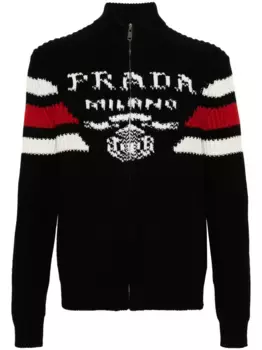 Кашемировый кардиган с жаккардовым логотипом Prada, черный