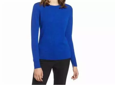 Кашемировый легкий свитер Mazarene с круглым вырезом и боковыми разрезами синего цвета Halogen