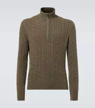 Кашемировый полузастёгивающийся свитер с косой вязкой Loro Piana, Forest Moss