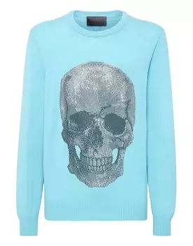 Кашемировый пуловер с круглым вырезом LS Iconic Plein с кристаллами Philipp Plein, цвет Light Blue