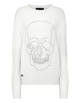 Кашемировый пуловер с круглым вырезом LS с кристаллами Philipp Plein, белый