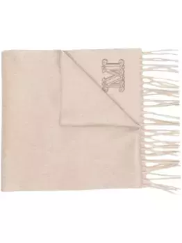 Кашемировый шарф с бахромой и нашивкой-логотипом MAX MARA, нейтральный