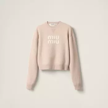 Кашемировый свитер двойной вязки с логотипом Miu Miu, бежевый