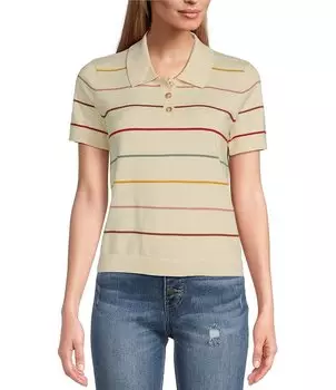 Кашемировый свитер-поло в разноцветную полоску с короткими рукавами Pendleton, слоновая кость