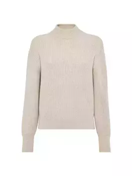 Кашемировый свитер в рубчик с воротником-стойкой и монили Brunello Cucinelli, цвет cool beige