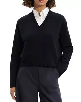 Кашемировый укороченный свитер с V-образным вырезом Theory, черный