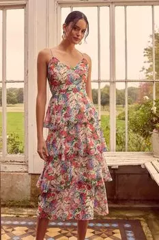 Каскадное платье миди с бретелями и принтом Love & Roses, розовый