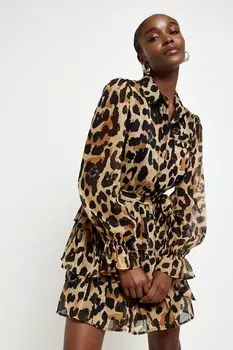 Каскадное платье-рубашка мини с длинными рукавами и поясом River Island, коричневый