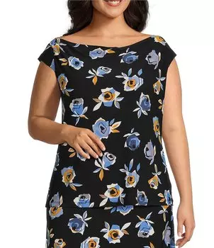Kasper Приталенная блузка больших размеров с цветочным принтом, воротником-хомутом и короткими рукавами, цветочный