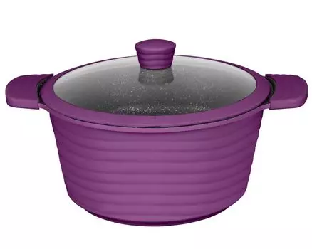 Кастрюля 28см, высота ок. 12,5см KING NEW-WAVE, литой алюминий с керамическим покрытием Внутри: FUSION TI / со стеклянной крышкой / цвет: баклажан