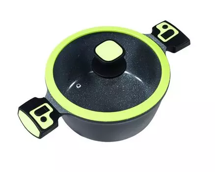 Кастрюля 28см, высота ок. 13см, литой алюминий KING Click-Grip с керамическим покрытием Внутри: FUSION TI / со стеклянной крышкой / съемные ручки для кастрюли / цвет: зеленый