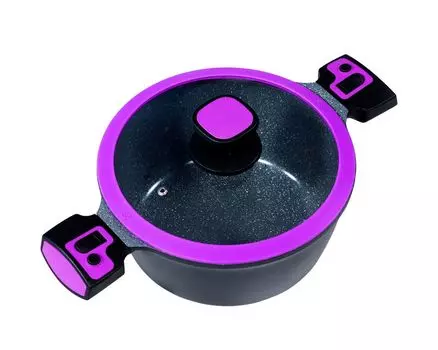 Кастрюля 28см, высота ок. 13см, литой алюминий KING Click-Grip с керамическим покрытием Внутри: FUSION TI / со стеклянной крышкой / съемные ручки / цвет: Ягодный