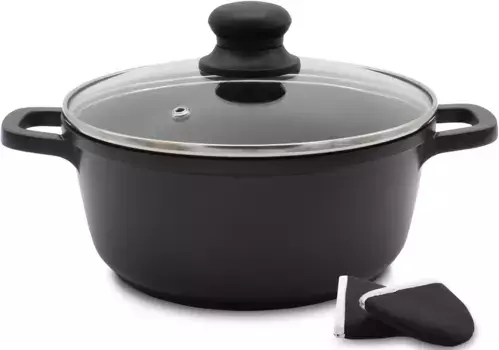 Кастрюля для мяса Krger "Литая алюминиевая кастрюля со стеклянной крышкой, включая термогрипы LEIPZIG", литой алюминий, (1 шт.), высококачественное антипригарное уплотнение 24 см + высота 11 см, черный