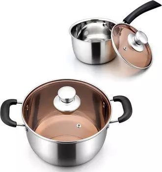 Кастрюля E-far на 1 литр и кастрюля на 6 литров, металлическая суповая кастрюля из нержавеющей стали со стеклянной крышкой для приготовления пищи, здоровая и не ржавеющая, сверхмощная, можно мыть в посудомоечной машине