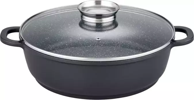 Кастрюля GSW "Gourmet Granit", литой алюминий, антипригарное покрытие VITAFLON GRANIT, стеклянная крышка, индукционная 24 см + высота 7,0 см, черный