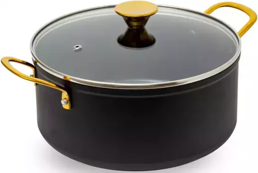 Кастрюля HENSSLERS, алюминий, антипригарное покрытие ЧЕРНАЯ КЕРАМИКА, ручка из нержавеющей стали золотого цвета, индукционная 1,7 л + 18 см + высота 8 см, черный