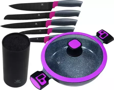 Кастрюля KING "Click-Grip", литой алюминий, (набор, 7 шт.), вкл. Блок ножей, 6 предметов, индукционный 28 см + высота 8 см, цвет beere/schwarz