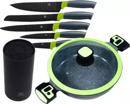 Кастрюля KING "Click-Grip", литой алюминий, (набор, 7 шт.), вкл. Блок ножей, 6 предметов, индукционный 28 см + высота 8 см, зеленый/черный