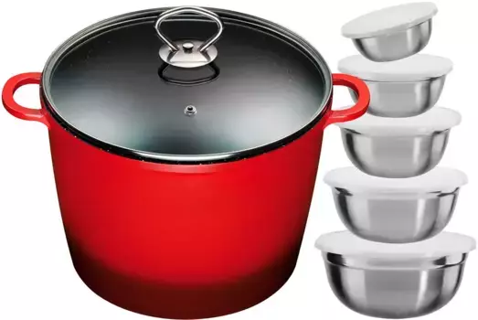 Кастрюля KING, литой алюминий, (набор, 12 предметов), кастрюля 7L24см + стеклянная крышка, индукция, керамическое покрытие "Fusion" 24 см + высота 18 см, красный