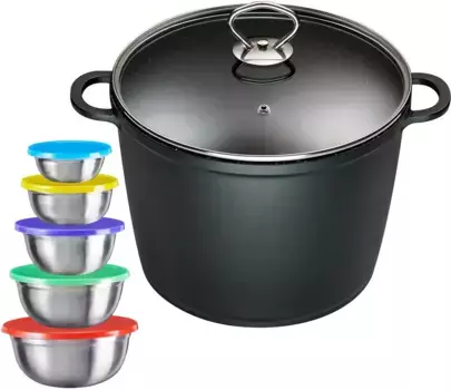 Кастрюля KING, литой алюминий, (набор, 12 предметов), кастрюля 7 L24см + стеклянная крышка, индукция, керамическое покрытие "Fusion" 24 см + высота 18 см, цвет edelstahlfarben