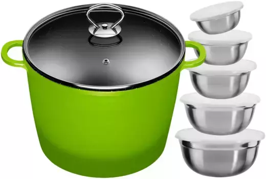 Кастрюля KING, литой алюминий, (набор, 12 предметов), кастрюля 7L24см + стеклянная крышка, индукция, керамическое покрытие "Fusion" 24 см + высота 18 см, зеленый