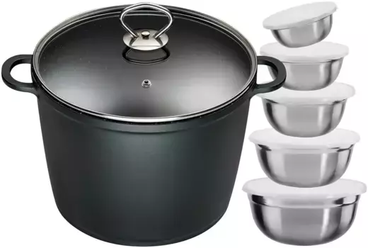 Кастрюля KING, литой алюминий, (набор, 12 предметов), кастрюля 7L24см + стеклянная крышка, индукция, керамическое покрытие "Fusion" 24 см + высота 18 см, черный