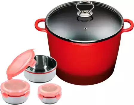 Кастрюля KING, литой алюминий, (набор, 8 предметов), кастрюля 7 L24см + стеклянная крышка, индукция, керамическое покрытие "Fusion" 24 см + высота 18 см, красный