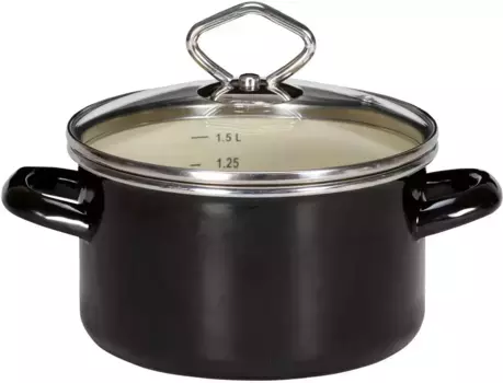 Кастрюля Krger "Триест", эмаль, (1 шт.), литровая шкала, стеклянная крышка, индукция 1,3 л + 16 см + высота 9 см, черный