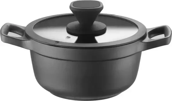 Кастрюля PINTINOX "Pinti Pro", алюминий-нержавеющая сталь-пластик, 3-х слойное антипригарное покрытие, для индукционной плиты, включая стеклянную крышку 6,5 л + 28 см + высота 12,2 см, черный