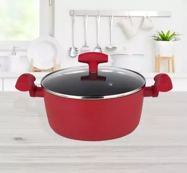 Кастрюля с антипригарным покрытием, индукционная, снаружи термостойкая краска, стеклянная крышка, 20см, красная Michelino