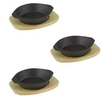 Кастрюля сервировочная 19 см чугунная с деревянной подставкой, в наборе 3 шт GVKECO