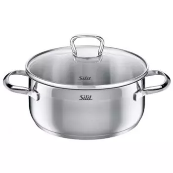 Кастрюля Silit Achat 24 см, стеклянная крышка, кастрюля для запекания 4,1 л, полированная нержавеющая сталь, индукционная кастрюля, без покрытия, подходит для духовки