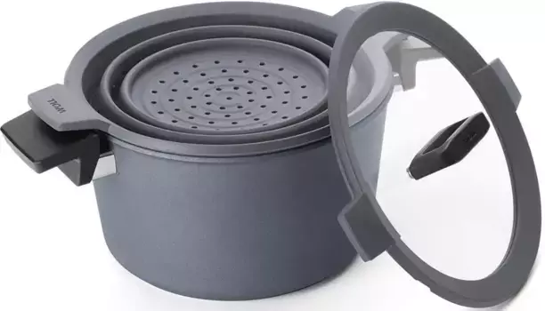 Кастрюля WOLL "Concept Plus", литой алюминий, (3 шт.), включая сито из силикона, индукционное, производство Германия 3 л + 20 см + высота 11,5 см, серый