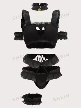 Kawaii,Вырез, оборки на концах, комплект нижнего белья и колье Romwe, черный