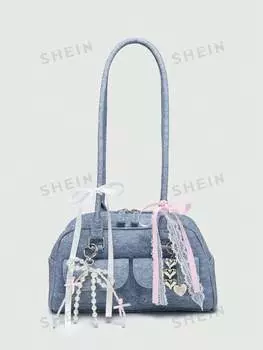 Kawaii Женская сумка через плечо Boston с несколькими карманами, милый ретро-узор, с бантиком для отдыха, украшение в форме сердца, школа Romwe, синий