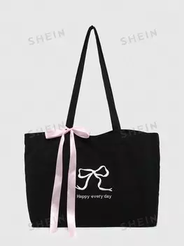 Kawaii Женская сумка-тоут в стиле ретро с вышитым английским слоганом и галстуком-бабочкой, большая вместительная сумка Подходит для шоппинга или школы Romwe, черный