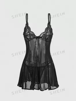 Kawaii Женский кружевной сексуальный пижамный комплект с v-образным вырезом Romwe, черный