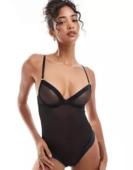 KBX – Боди из сетчатой ткани черного цвета с бюстгальтером на косточках без подкладок и глубоким вырезом