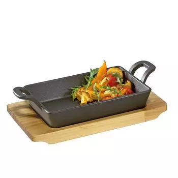 KCHENPROFI Кастрюля сервировочная квадратная с 2 ручками и деревянной доской для барбекю 21,5x12,5x6см