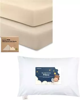 Kea Bbaies Комплект из 2 водонепроницаемых простыней для кроватки и подушка для малышей с наволочкой — хлопковые 52X28 нейтральных защитных простыня для кроватки — 13X18 Мягкие хлопковые подушки для сна для малышей KeaBabies