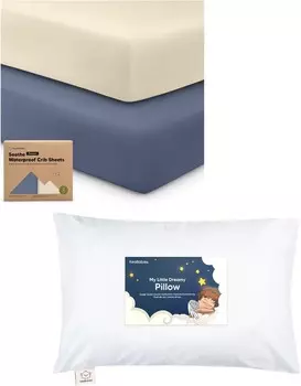Kea Bbaies Комплект из 2 водонепроницаемых простыней для кроватки и подушка для малышей с наволочкой — хлопковые 52X28 нейтральных защитных простыня для кроватки — 13X18 Мягкие хлопковые подушки для сна для малышей KeaBabies