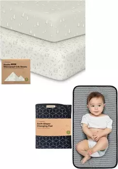 Kea Bbaies Комплект из 2 водонепроницаемых простыней для кроватки и переносной пеленальной пеленки — хлопковые 52X28 нейтральных защитных простыней для кроватки — водонепроницаемый складной коврик для пеленания ребенка KeaBabies