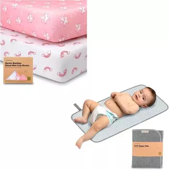 Kea Комплект из 2 мини-простыней для детской кроватки Kea и портативный коврик для пеленания подгузников — простыни Pack and Play KeaBabies