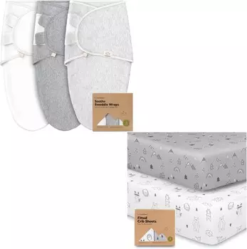 Kea Комплект органических детских пеленальных мешков для младенцев и трикотажных простыней для детской кроватки для мальчиков и девочек - Пеленальные спальные мешки для младенцев (Cloud) - Наматрасник для детской кроватки (Woodland) KeaBabies, C...