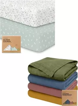 Keababies: 2 комплекта простыней для кроватки для мальчиков и девочек и 4 комплекта муслиновых пеленальных одеял для мальчиков и девочек — простыни для детской кроватки по размеру для малышей — детские одеяла, одеяло для новорожденных