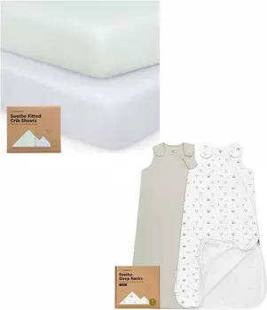 Keababies, 2 комплекта простыней для кроватки и 2 комплекта спальных мешков, 100% хлопок — мягкие и дышащие простыни для кроватки для мальчиков и девочек — переносное одеяло, детский спальный мешок, пеленальный мешок для малышей