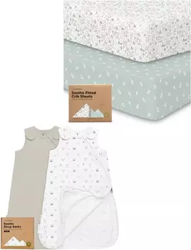 Keababies, 2 комплекта простыней для кроватки и 2 комплекта спальных мешков, 100% хлопок — мягкие и дышащие простыни для кроватки для мальчиков и девочек — переносное одеяло, детский спальный мешок, пеленальный мешок для малышей