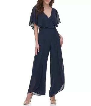 Kensie Шифоновый комбинезон с V-образным вырезом и оборками на рукавах-поповер, синий