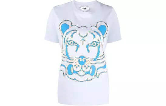 KENZO Футболка с короткими рукавами и принтом неонового тигра, женская, белого и синего цветов